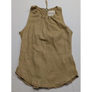 Illia Women Tan Leather Sleeveless Shell Top Woven Neckline Size 8 Made in USA